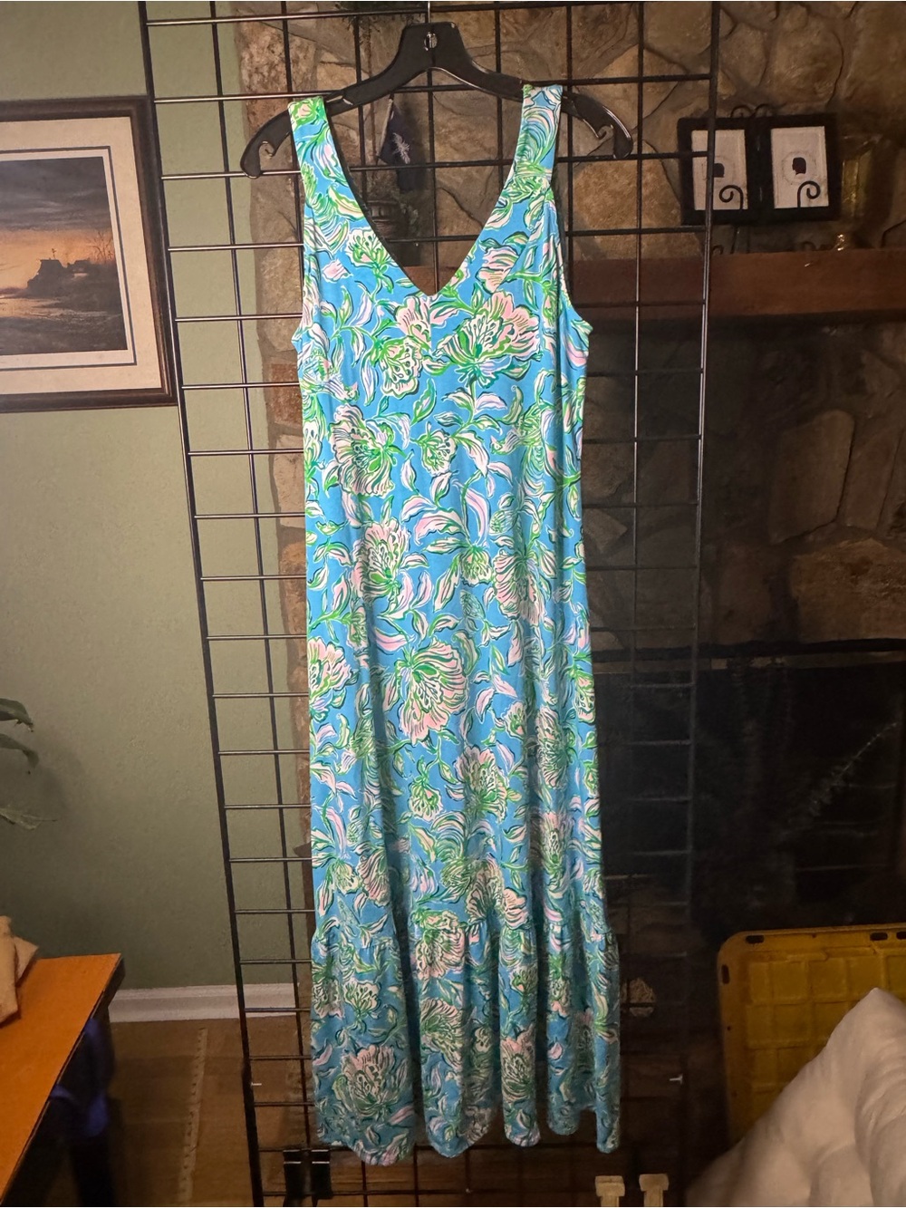 Lilly Pulitzer Blue Floral V-Neck Maxi Dress with Green and Pink Print